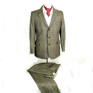 1970s DAKS Luxury Sharp Black Brown Grey and Mustard Check Tailored Wool Suit  Made in Great Britain Size S Chest 36 - 38  inch Country