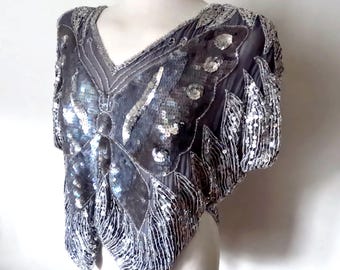 1970s Awesome Silver Grey and Iridescent Sequined and Beaded Butterfly Silk Top  Size S  UK 8 - 10 Cocktail  Fantasy Fairy Tale Boho