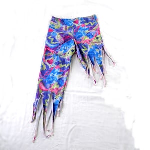 1990s Glowing Blue Purple and Pink Cropped Rave Fairy Asymmetric Leggings from Corybant Size XS UK 6 Made in Wales Rave Dance Festival  (B)