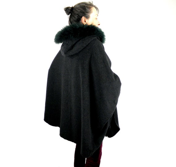 70s Loden Wool Charcoal Black and Dark Green Hooded Midi Cape With