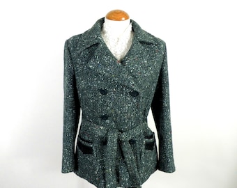 Jaren 60 sparrengroen en wit getextureerde tweed wollen double-breasted jas met brede revers van ambre maat XS UK 8 klassieke boho
