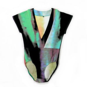 1990s New Black Green Blue and Orange Abstract Print Bodycon Leotard Made as Sample Size XS UK 8-10 Rave Dance Fitness Gym