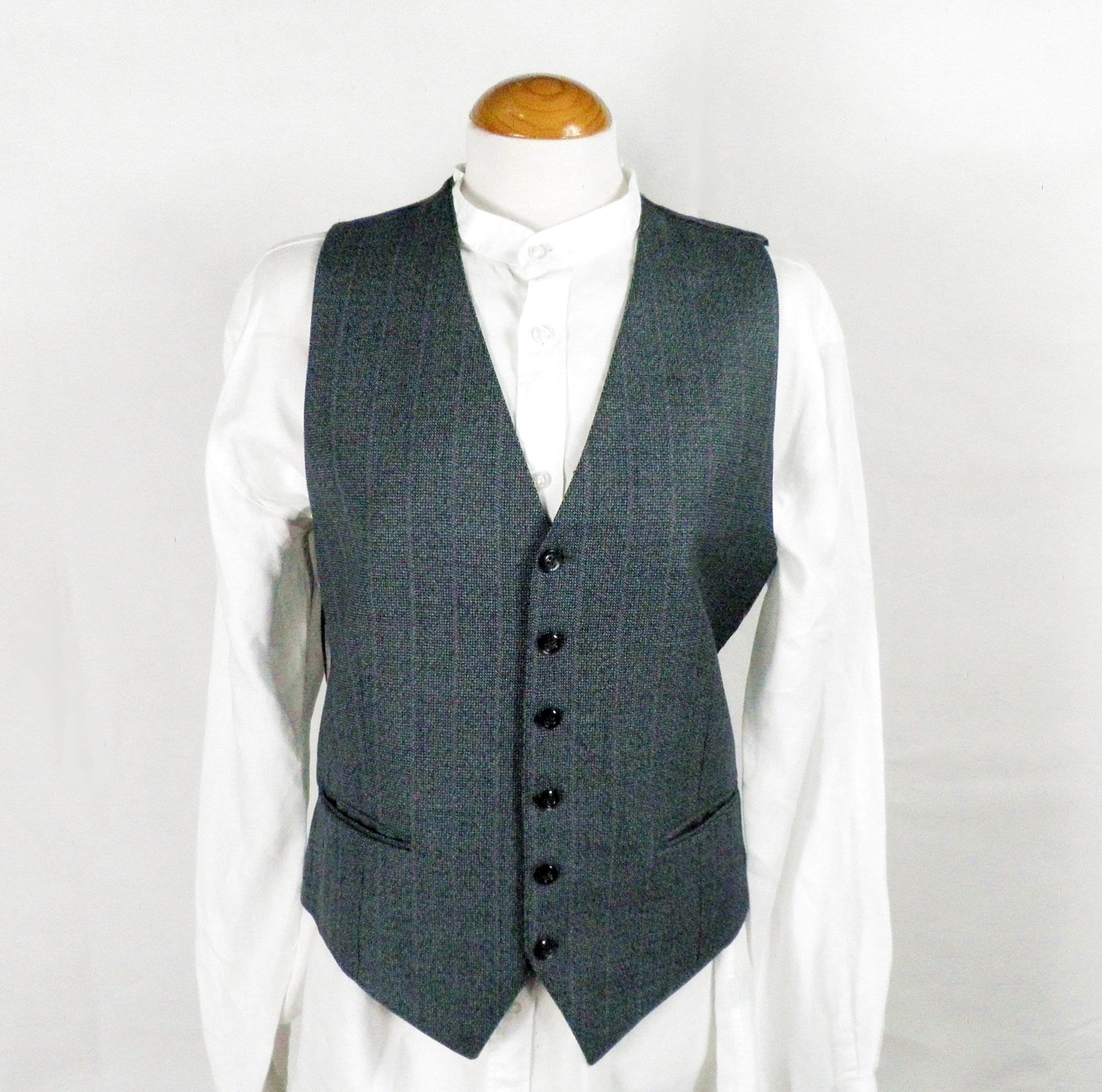 1970s Dark Grey and Black Striped Worsted Wool Tweed Waistcoat