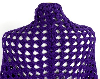 1970s Deep Purple Hand Crocheted Chunky Lattice Wool Fringed Shawl Free  Size Boho Hippy Festival Gypsy Country