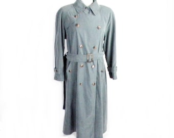 1980s Teal Double Breasted Long Stylish Belted Trench Coat Rain Coat by Fleet Street Size S UK 8 - 10 Mac Streetwear Classic