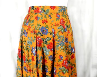 1980s Liberty, New Burnt Orange Red Green and Blue, Floral, Tana Lawn, A Line Skirt by Thomas and Jonathon Size XS Made in England