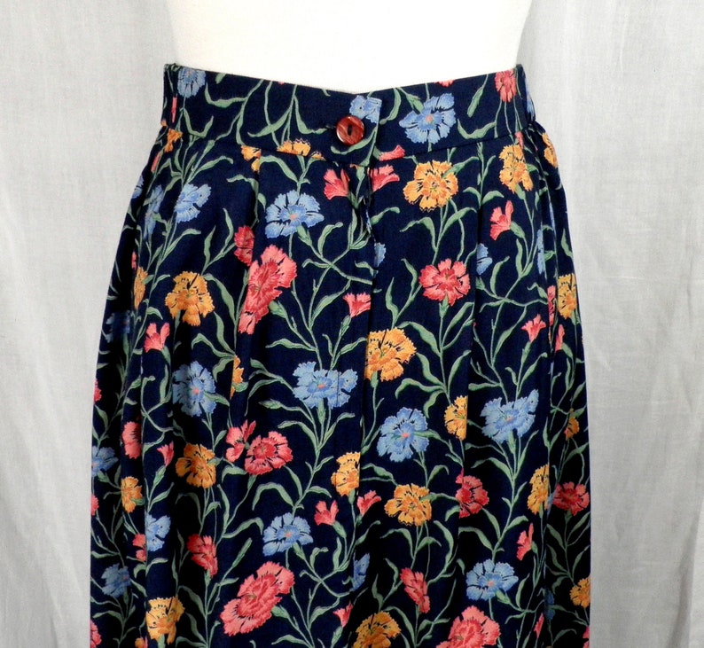 1980s Liberty Print New Blue Pink and Orange on Navy Floral Peasant Long Skirt by Marion Donaldson Size S UK 10 Made in England Boho image 5