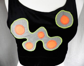 Original Black Velvet Rave Crop Top with Alien Splodge Applique  Size XS by Corybant