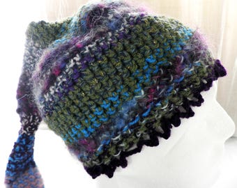 Wood Pixie Hand Crochet Wool Hat with Tail  Size S / M  Fairy Festival Boho Elf Magic