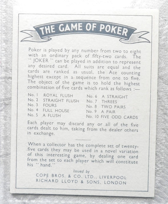 Game of Poker Full Set of 25 by Cope Bros. Cigarette Cards Issued 1936 Poker  Cards Pastimes Gambling Rare Collectable