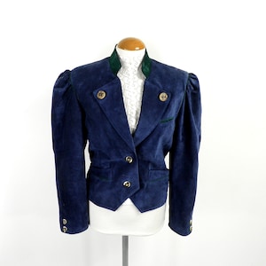 1970s Blue, Velvety, Suede, Trachten Jacket, with Mandarin Collar, Size M UK 12 - 14  Made in Austria Woodland Mountain Fantasy