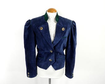 1970s Blue, Velvety, Suede, Trachten Jacket, with Mandarin Collar, Size M UK 12 - 14  Made in Austria Woodland Mountain Fantasy