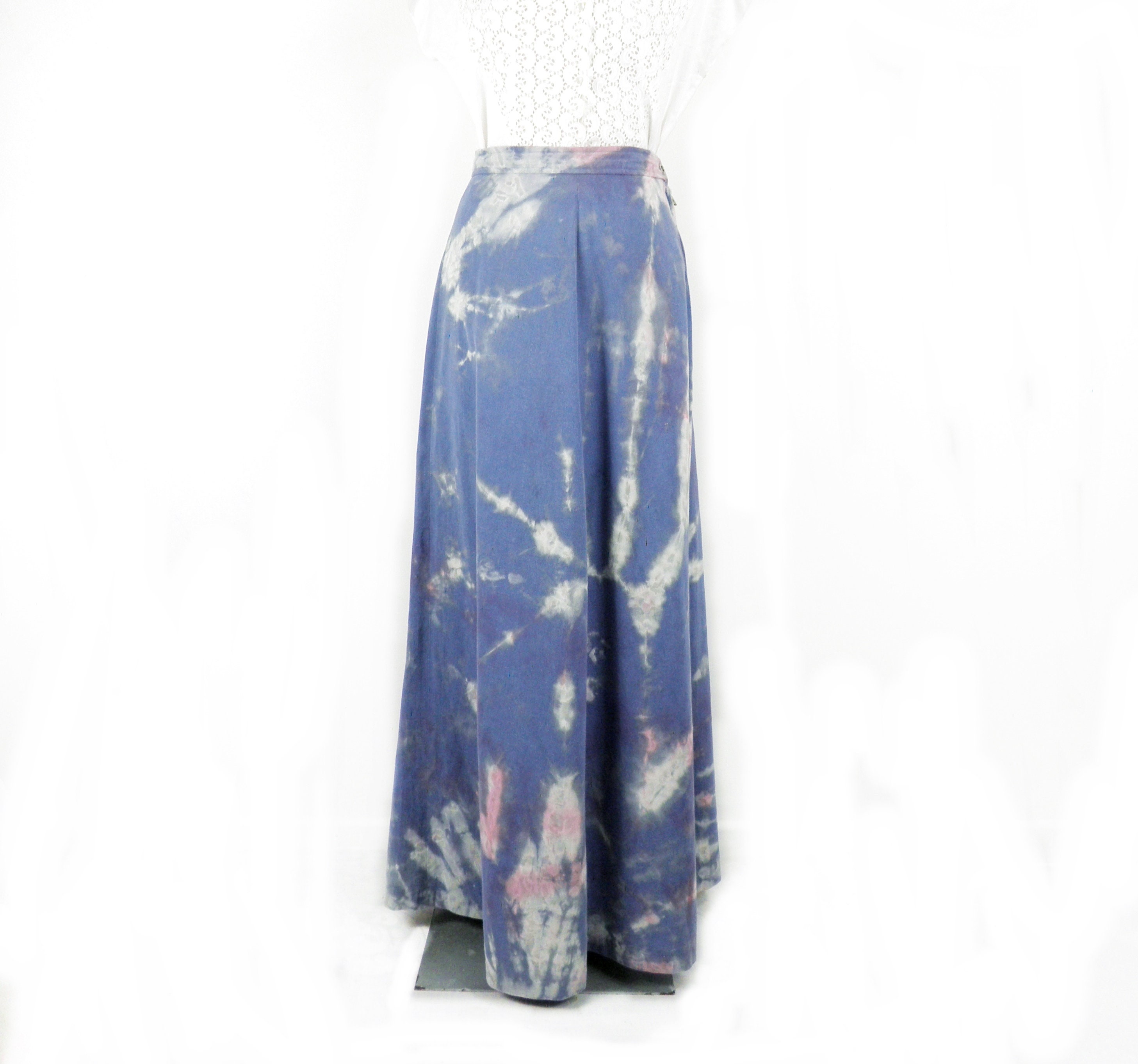 1960s Wedgewood Blue Ivory and Pink Brushed Denim Maxi Skirt