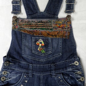 1970s Dark Indigo Cotton Denim Reworked Upcycled Dungarees by JUSTIZ Size S  Classic 1970s Boho Festival Art Rave