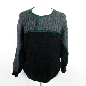 1970er Jahre Schwarz Grau und Dunkel Grün Handgestrickt Grobstrick Struktur Wolle Pullover Größe XXXL Traditionellen Klassischen Winter Ski