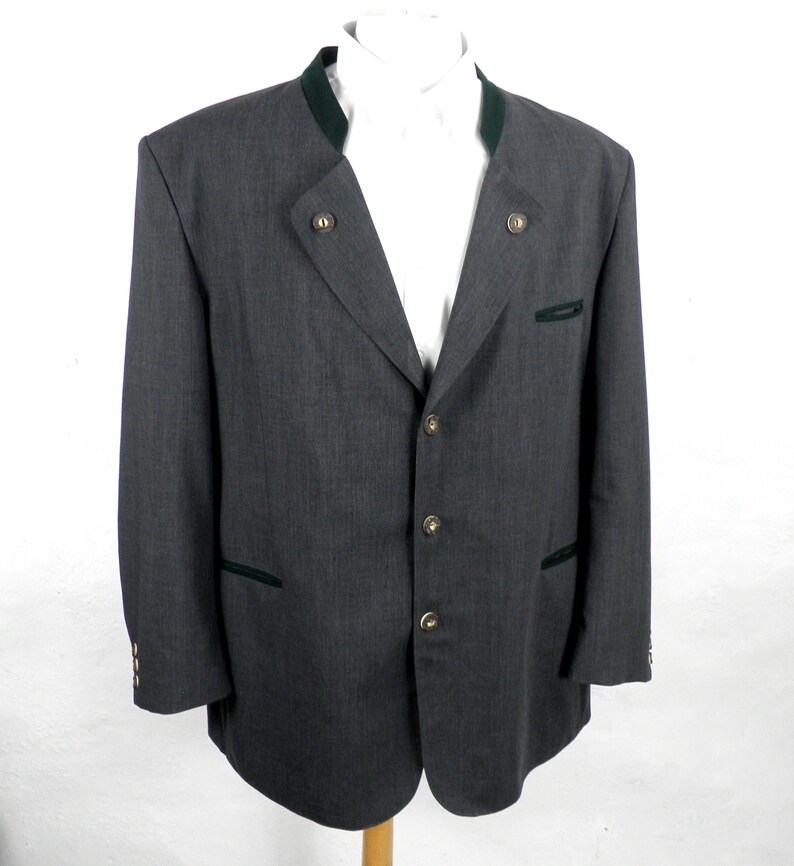 1960s Dark Grey Bavarian Trachten Wool Jacket with Green Felt Trim by Alphorn Original Size 4XL Classic Boho