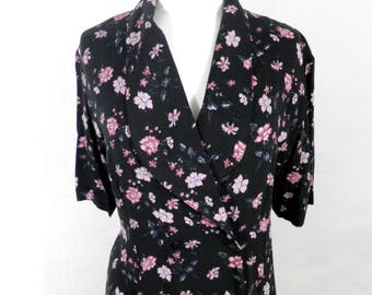 Vintage Black with Floral Pattern Double Breasted Wrap Over Shirt Dress  Size M  1980s  Boho