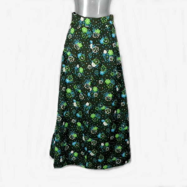 1960s Vibrant Dark and Lime Green Turquoise and White Floral Handmade Cotton A Line Maxi Skirt  Size XXS UK 6 Boho Dance Festival