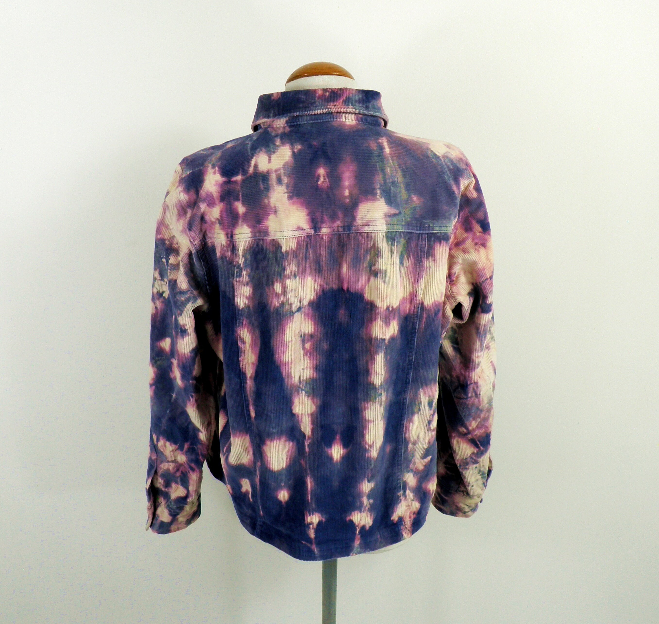 1970s Twilight Blue Pink and Purple Bleach Dye Cotton Corduroy 