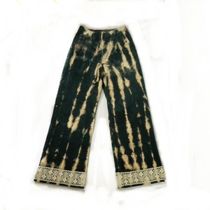 Spruce Green and Cream Bleach Dyed Wide Leg Cotton Corduroy Trousers with Antique Lace from JUSTIZ Size W 28  IL 29 inches Made in Wales