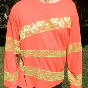 One off, Red and Neon Green, Lace Stripe, Cotton T Shirt, Top  Size L by Corybant One Off Rave Punk Festival Vibe