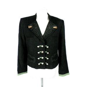 1970s Black Tailored Linen Trachten Jacket with Mandarin Collar by Sportalm Made in Austria Size S UK 12 Folk Equestrian Steampunk
