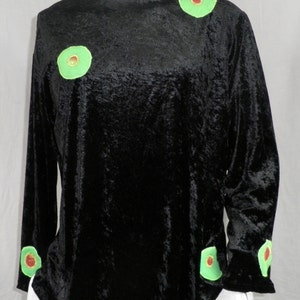 Mens Black Velour Velvet Long Sleeved Top Applique Neon Green Fun Fur Spots Size M / L by Corybant Original One Off image 1