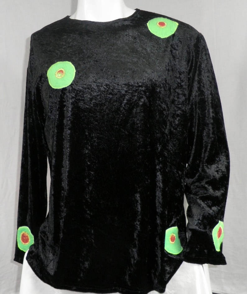 Mens Black Velour Velvet Long Sleeved Top Applique Neon Green Fun Fur Spots Size M / L by Corybant Original One Off image 1