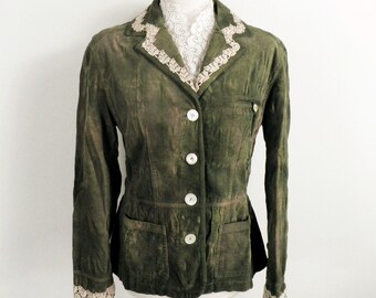 1980s Mossy Green Reworked Tie Dye Fitted Cotton Velvet Jacket from Laura Ashley  then JustIZ  Size S / M UK 12 Made in Wales Boho Unique
