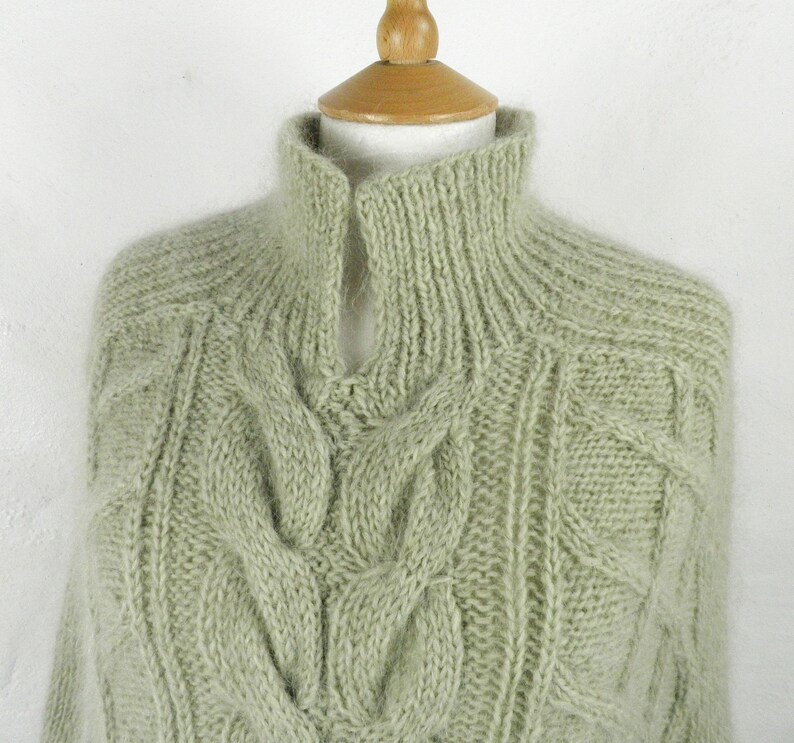 1970s Pale Green Hand Knit Cable Knit Mohair Wool Cape Poncho by Uttam of London Size S Boho Retro Country Art