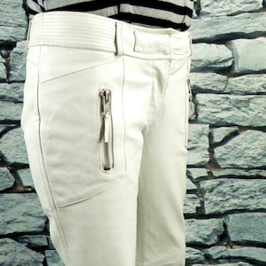 1990 White Nappa Leather Zip Flare Low Rise Trousers by Morgan de Toi Size S UK Size 10 / 12  Classic Boho Glam Rock Disco