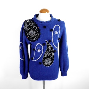 80s Cobalt Blue  Abstract Paisley Wool and Angora Jumper by Signe Incognito Size S  UK 10 - 12 Boho Art Jazz Statementt