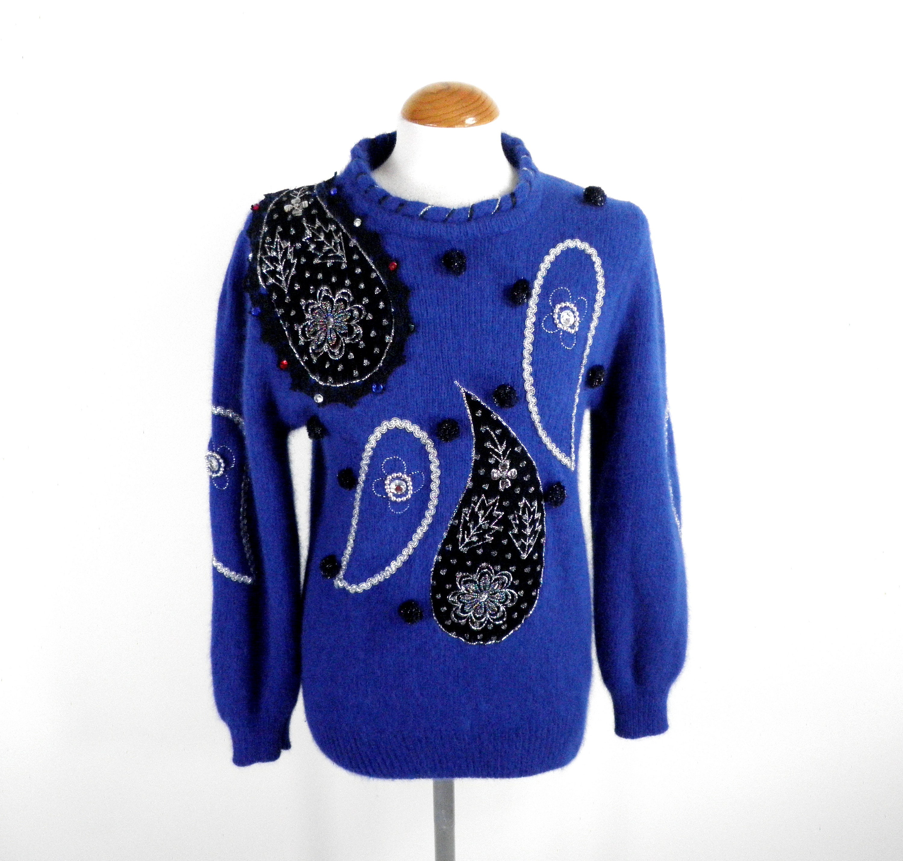 80s Cobalt Blue Abstract Paisley Wool and Angora Jumper by Signe 