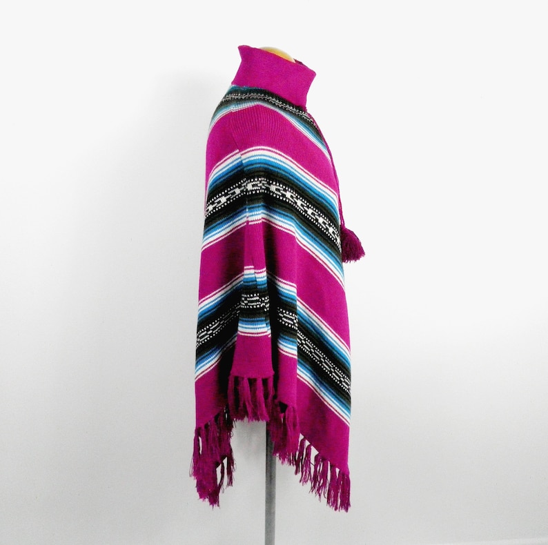 1970s Magenta White Turquoise and Black Geometric V Striped Acrylic Fringed Poncho Size S Boho Retro Art Festival Hippie Vegan Ethnic