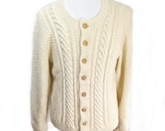 1980s Natural Cream Wool Hand Knit Cable Knit Aran Cardigan with Wooden Buttons   Size M / L  Hand Crafted Made in Wales