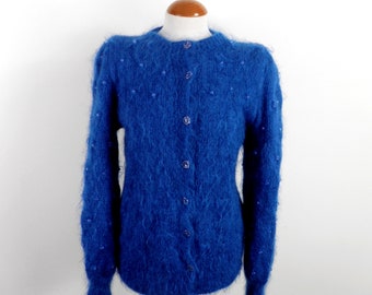 1970s Blue Fluffy Hand Knit Mohair and Wool Beaded Cardigan with Daisy Buttons  Size M UK 12 - 14  Classic Boho Art