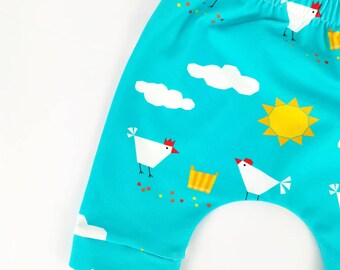 Spring Chicken cropped harems, cropped leggings, shorts, boys summer, girls clothing, funky kids, chicken gifts, gifts for girls, birthday