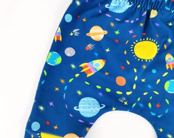 Rainbow space cropped harems, cropped leggings, shorts, boys summer, girls clothing, funky kids, space gifts, rainbow baby, birthday present