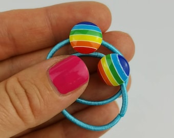 Rainbow button bobbles, girls hair accessories, hair band, hair tie, birthday present