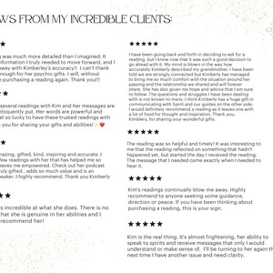 May include: Reviews from clients about a psychic reading service called "The Conscious Her". The reviews are positive and highlight the accuracy, helpfulness, and empowering nature of the readings.