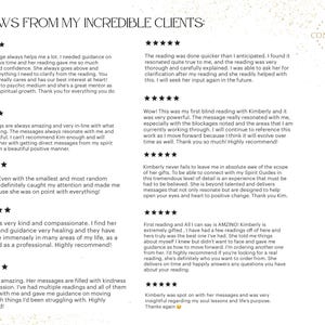 May include: A white background with black text and five-star ratings. The text reads "Reviews from my incredible clients." and includes several testimonials from clients about their experiences with a psychic medium.