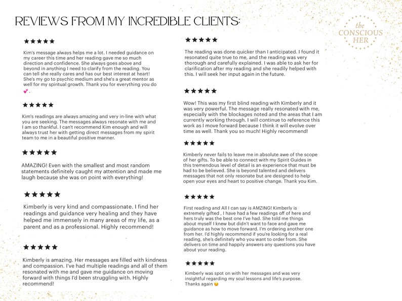 May include: A white background with black text and five-star ratings. The text reads "Reviews from my incredible clients." and includes several testimonials from clients about their experiences with a psychic medium.