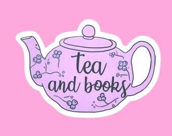 Tea and Books CLEAR sticker - teapot - reader - book love - pink