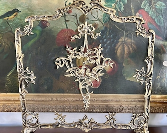 Vintage French Rococo Style Brass Fireplace Screen With Lovebirds
