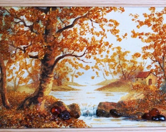 Vintage Amber Landscape Painting: Framed Baltic Honey Royal Amber Wall Art