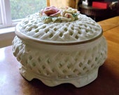 Vintage Large Porcelain Trinket Box, Reticulated Capo Di Monte Style White Round Multi-Purpose Pink Roses Lidded Dresser Vanity Trinket Box