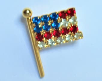 and Royal Blue Crystals Clear Medium Gold American Flag Brooch Pin Red