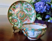 Antique 19th Century Chinese Export Famille Rose Medallion Hand-Painted Porcelain Tea Cup Saucer Set w Panel Scenes of Mandarin Characters