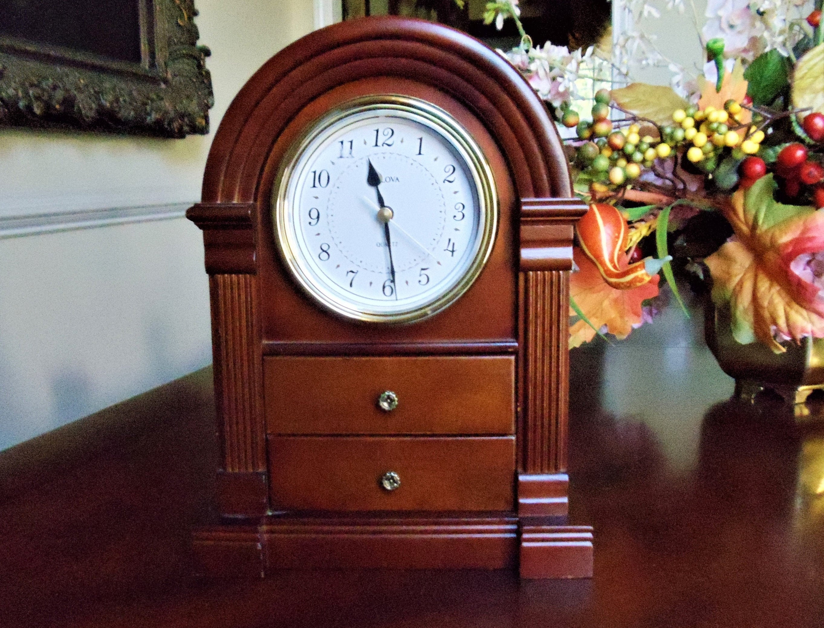 Clock Jewelry Box Vintage Bulova Quartz Mantel Mahogany Wood Etsy