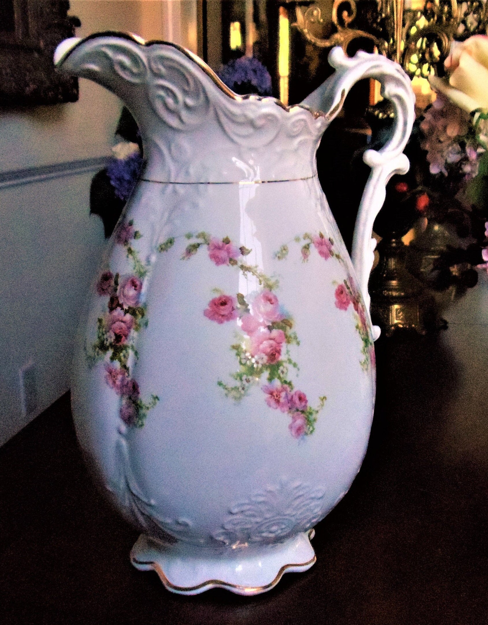 Antique Homer Laughlin Floral Pitcher Vase: Victorian Roses, Gold